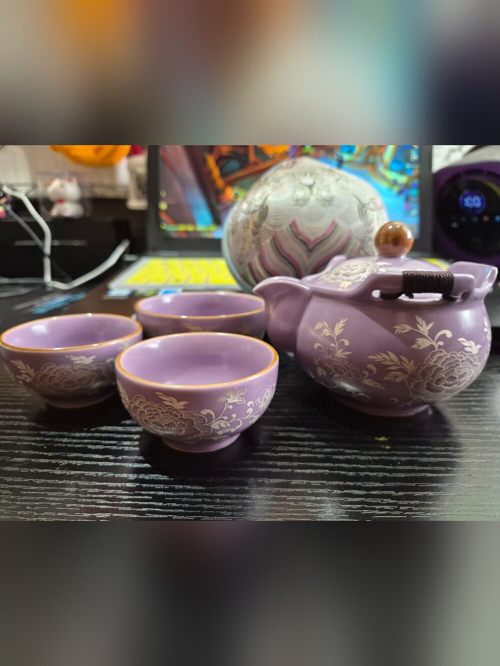 Silver Gilded Peony Pattern, 1 Teapot 3 Teacups with Storage Bag